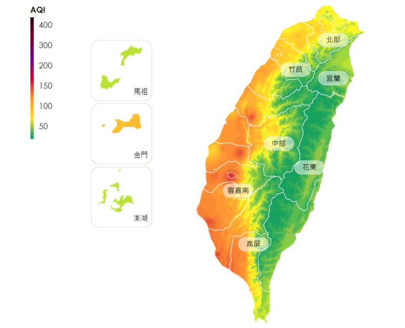 今（1日）空氣品質亮橘燈，雲嘉地區更亮起了紅燈。   圖 : 翻攝自環保署空氣品質監測網