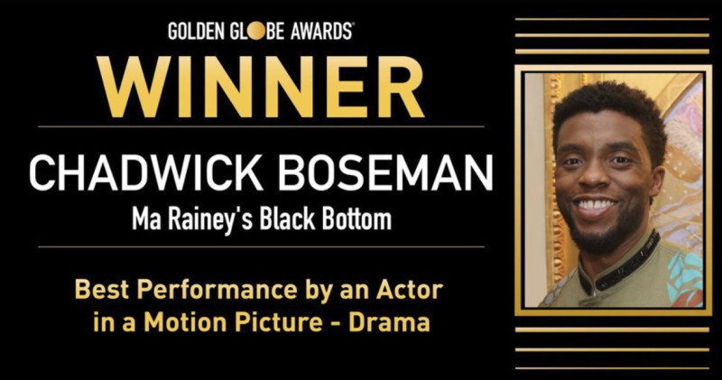 已故「黑豹」影星查維克博斯曼（Chadwick Boseman）以《藍調天后》奪得劇情類最佳男主角獎。   圖 : 翻攝自Golden Globe Awards twitter