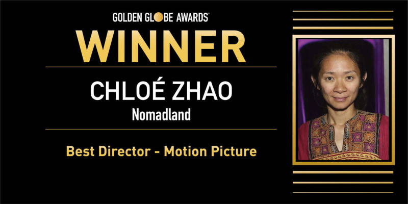 亞裔中國籍女導演趙婷以《游牧人生》（Nomadland）奪下第78屆金球獎最佳導演獎，成亞洲首位獲獎女導演。   圖：翻攝自Golden Globes 臉書