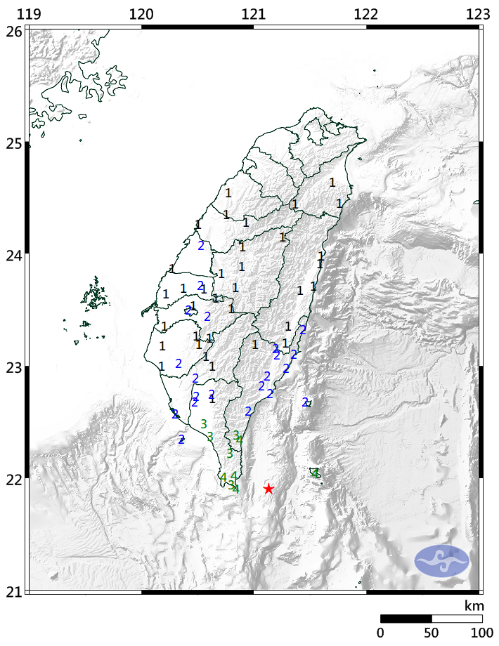 台灣東南海域下午發生規模5.8地震。   圖：中央氣象局／提供