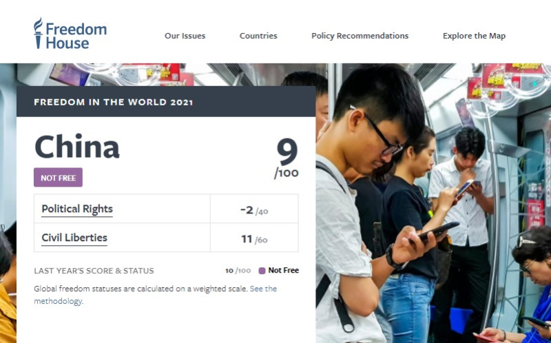 中國的自由度分數較去年下滑，僅拿下9分，為全球倒數「不自由」國家。   圖：翻攝Freedom House官網