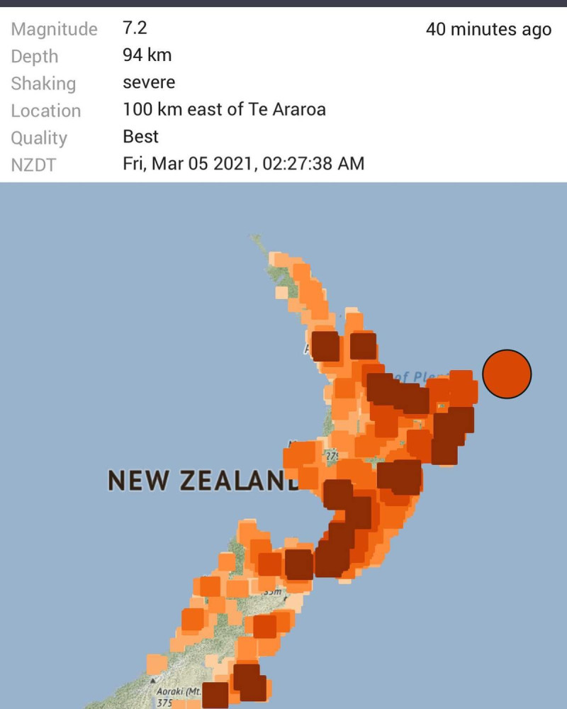 紐西蘭5日發生連3次規模6以上強震，當局發布海嘯警告，並緊急疏散北島東海岸部份地區居民。   圖：翻攝Jacinda Ardern臉書