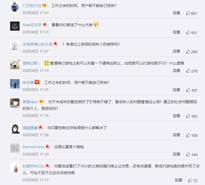 中國人大代表提禁玩家半夜玩遊戲，引發網友不滿。   圖:翻攝自微博