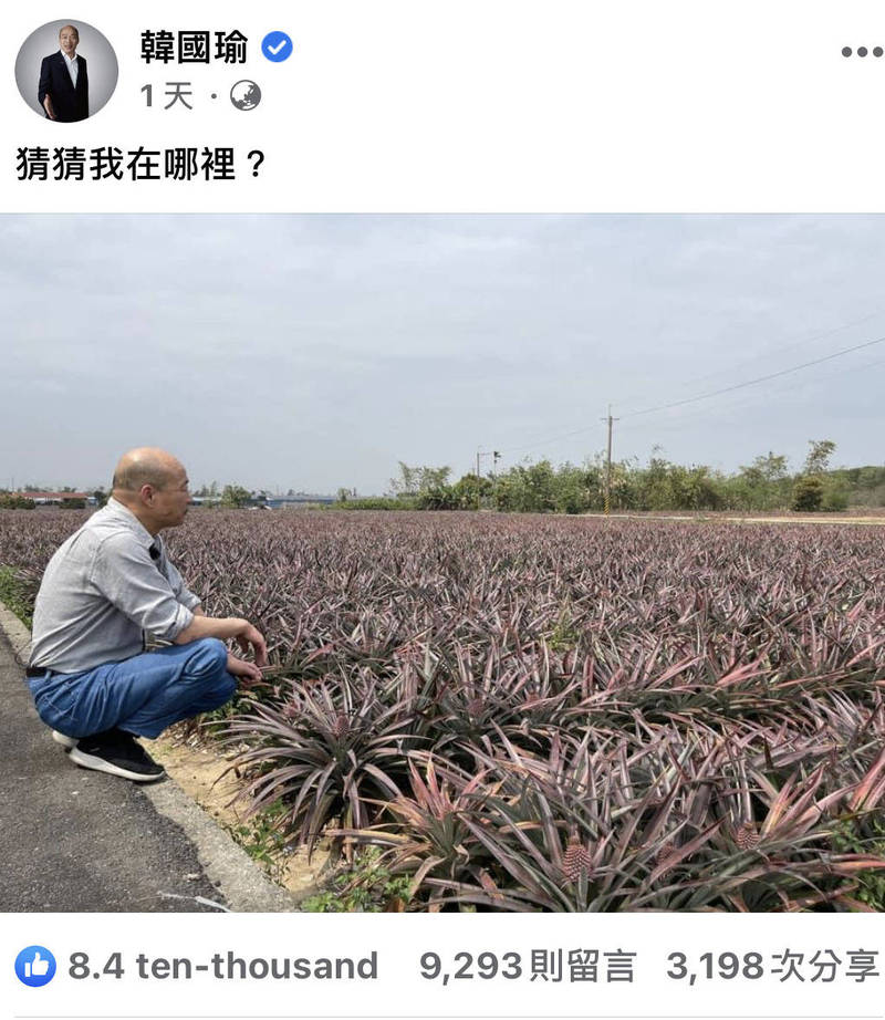 韓國瑜昨天拜訪大樹區鳳梨農，臉書PO出蹲在田邊的照片。   圖：翻攝韓國瑜臉書
