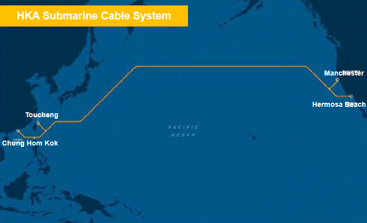 港美（HKA）海底光纖電纜系統原計畫連結美國加州和香港兩地的數據傳輸。   圖：翻攝自submarinenetworks.com