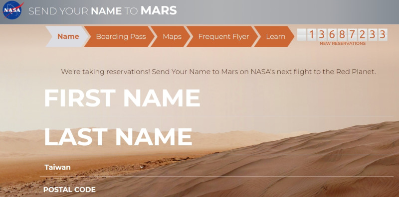 美國航太總署（NASA）推出「送你的名字上火星」活動，因為將台灣列為國家，導致中國網友氣炸。   圖 : 翻攝自NASA