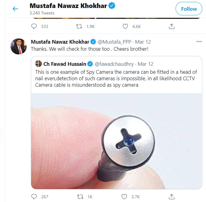 巴基斯坦參議院選舉議長副議長時，票櫃前出現一枚放在螺絲釘裡的針孔攝影機   圖：翻攝自巴基斯坦參議員科克哈爾推特