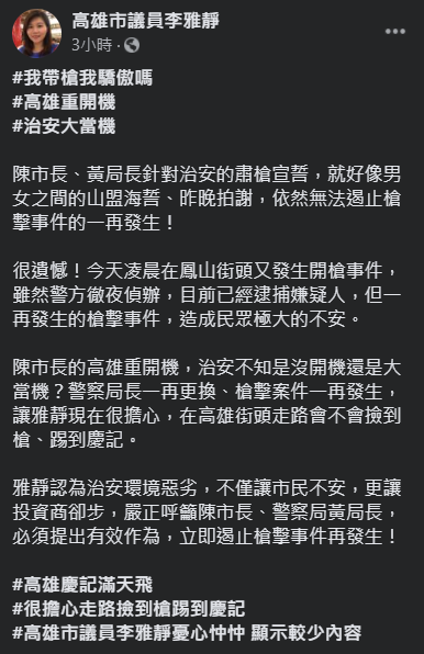 高雄市議員李雅靜大酸「高雄重開機、治安大當機」、「很擔心在街頭走路，會不會撿到槍、踢到慶記」。   圖：翻攝自李雅靜臉書