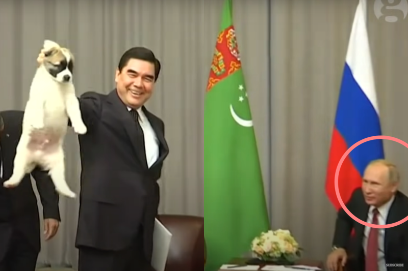 土庫曼總統抓著幼犬脖子高舉於空。   圖：取自Youtube ＠Guardian News