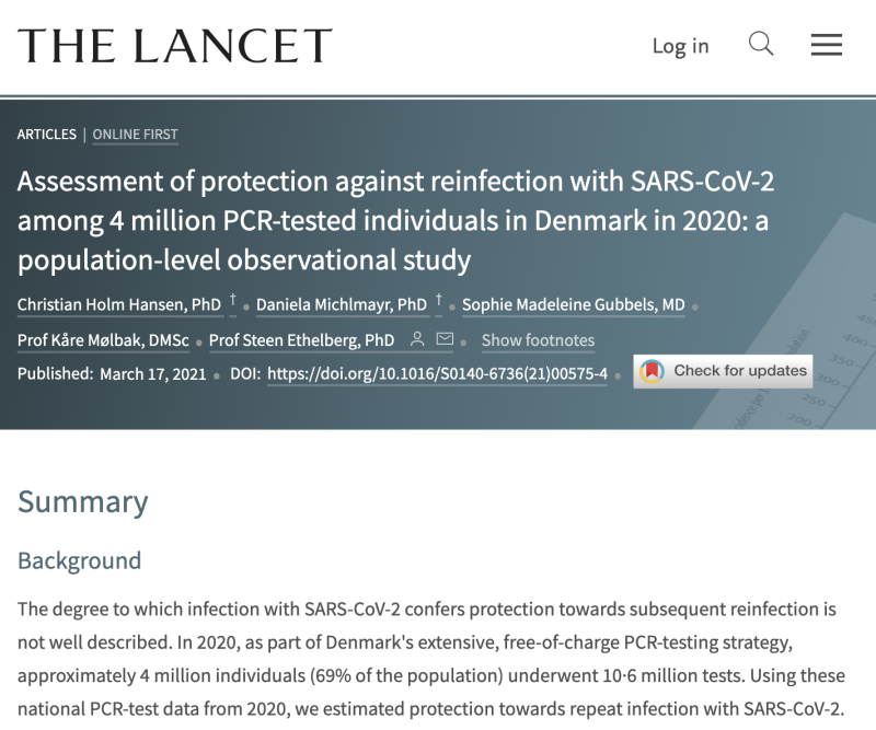 丹麥國家血清研究所（Statens Serum Institut）17日在醫學期刊《刺胳針》（Lancet）刊登一項研究指出，八成曾確診COVID-19者，至少半年不會再染疫，但年長者相對更容易再度感染。   圖：翻攝自Lancet網頁