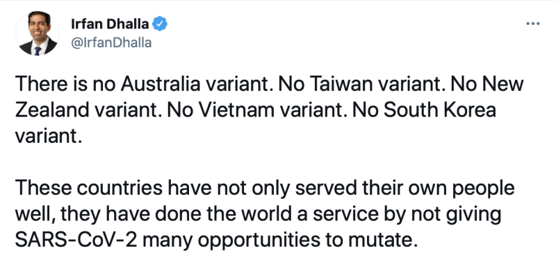 加拿大醫學教授達拉（Irfan Dhalla）在推特發文，盛讚包括台灣等5個國家防疫工作嚴謹，因而杜絕病毒再次變異的機會。   圖：翻攝自Irfan Dhalla推特