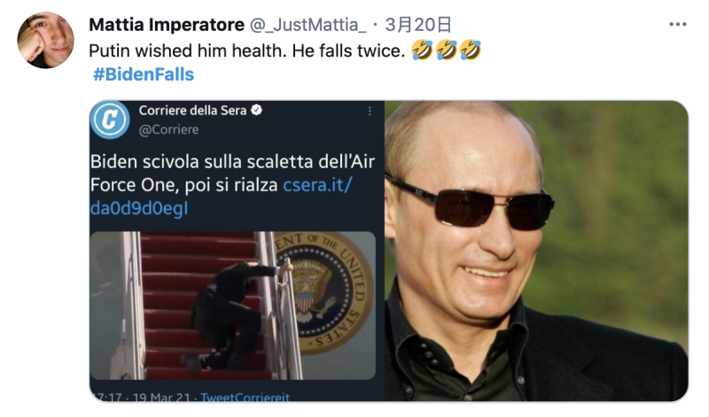 有人結合俄羅斯總統普丁（Vladimir Putin）面帶笑容的照片，並加註「普丁祝他身體健康，然而他跌到兩次。」，嘲諷意味濃厚。   圖：翻攝自推特