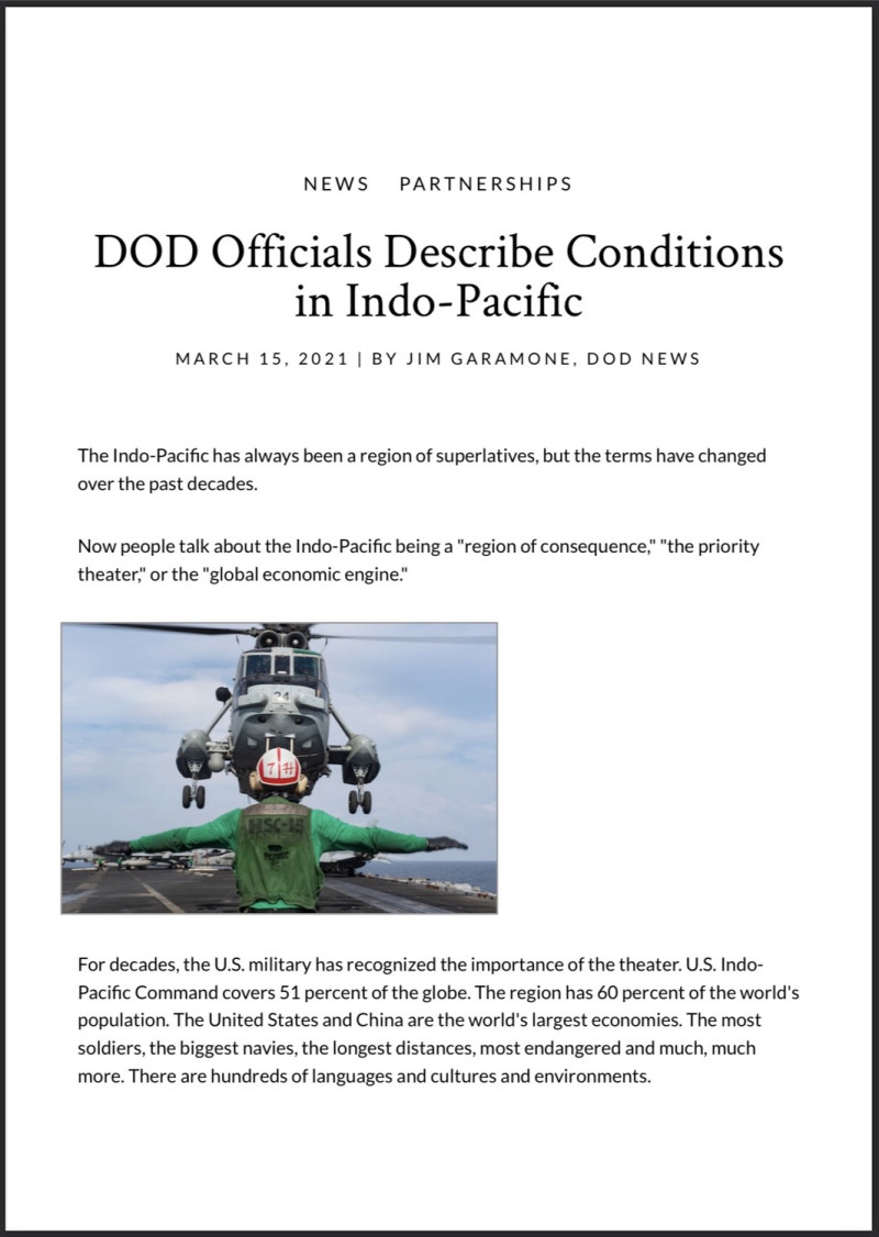 《國防部新聞》〈國防官員闡述印太情勢〉（DOD Officials Describe Conditions in Indo-Pacific）原文。   圖 : 翻攝自美國國防部官網