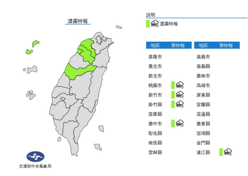 全台五縣市濃霧特報。   