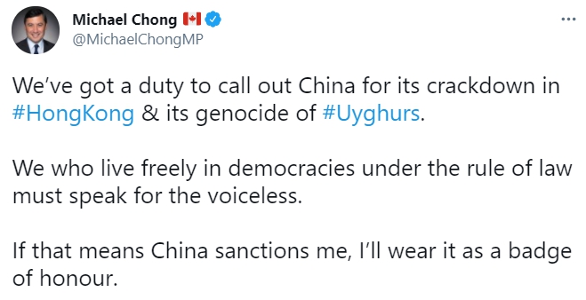 加拿大保守黨國會議員莊文浩（Michael Chong）在推特表示，將把中國的制裁當榮譽徽章。   圖 : 翻攝自Michael Chong twitter