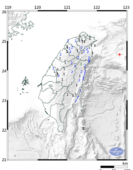 今下午14:41分在台灣東部海域，發生芮氏規模5.2地震。   圖：中央氣象局/提供