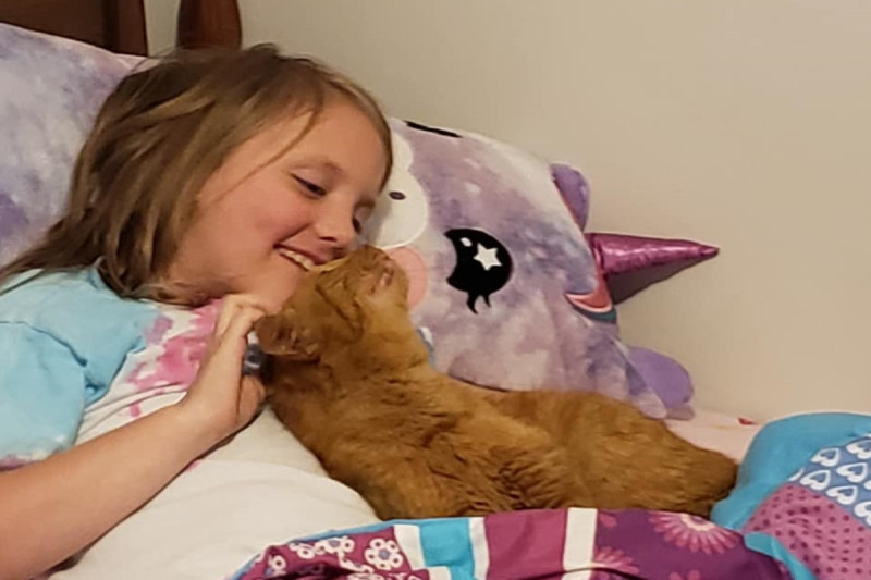 媽媽驚見女兒與一隻陌生橘貓抱在一起睡。   圖／FB @Lynn Farrell