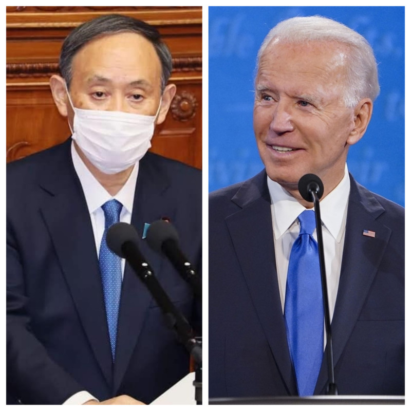 有日媒報導，日本首相菅義偉將在4月前往美國拜會美國總統拜登，屆時雙方將會針對台海問題共同發表聲明，引起外界關注。   圖：翻攝自首相官邸（左）、拜登（右）臉書