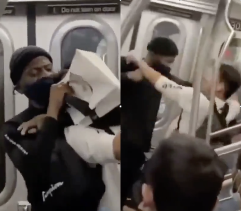 推特上流傳一段暴力影片，一名亞裔男子和一名非裔男子於紐約地鐵內互毆，最後不敵毒打昏迷。   圖：翻攝自推特