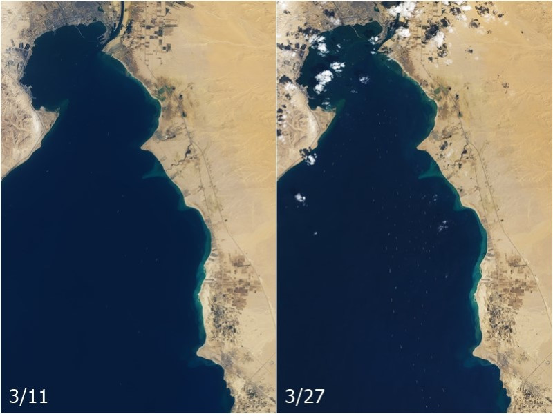 NASA公布的衛星照片顯示，在長賜輪擱淺蘇伊士運河前的11日，對比擱淺後的27日同一海域船隻密密麻麻。   圖：取自NASA Earth Observatory網頁earthobservatory.nasa.gov