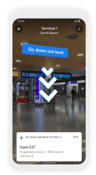 Google地圖的室內實景導航可協助用戶在機場、火車站等地找到正確的路徑。   圖：翻攝自Google