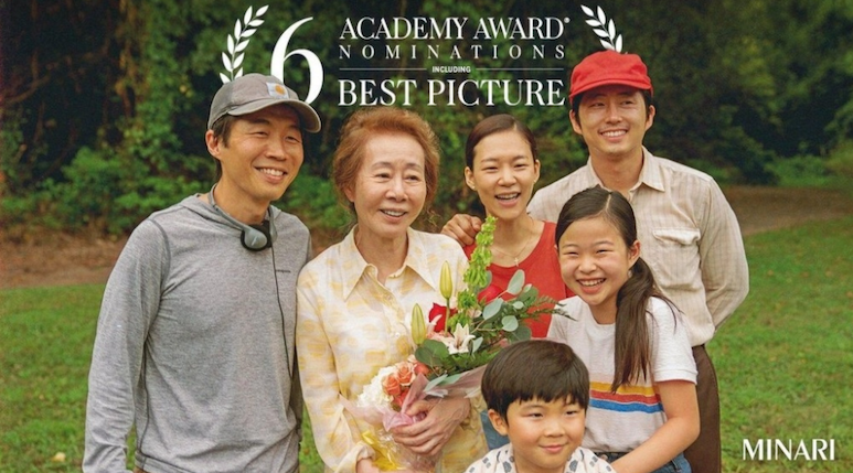 《夢想之地 Minari》入圍奧斯卡最佳影片、導演、原著劇本、男主角、女配角以及配樂等6項大獎，女配角尹汝貞(左2)獲得美國演員工會獎最佳女配角獎，成為韓國史上獲頒這獎的首位個人演員。   圖：傳影互動/提供