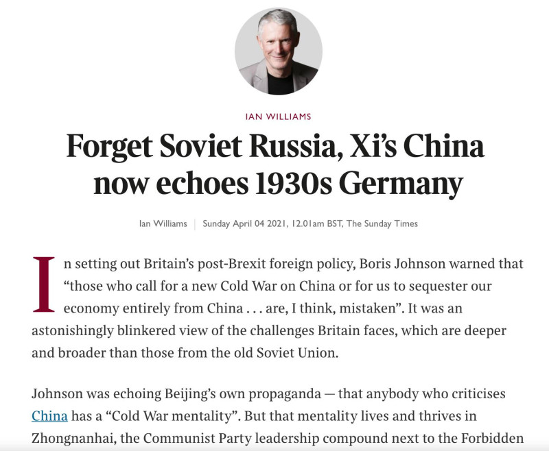 英國記者威廉斯（Ian Williams）在《泰唔士報》發表的評論〈忘了蘇維埃，習近平今日的中國才是1930年代的德國〉。   圖：翻攝自沈榮欽臉書