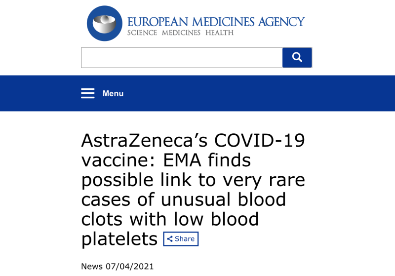 歐盟藥品管理局7日表示，EMA安全委員會得出結論，不尋常的血栓與低血小板，應列為AZ疫苗非常罕見副作用。   圖：翻攝自EMA官網