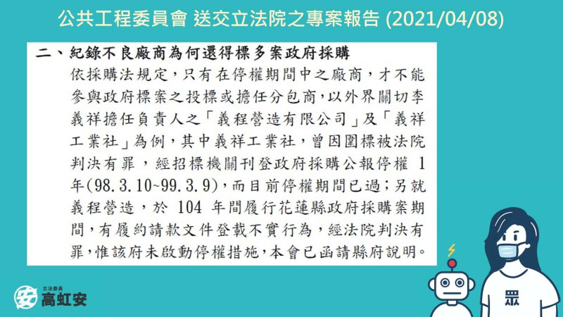 高虹安在文中補充專案報告在會後的進度，稱「看到送交立法院的專案報告後，慶幸公共工程委員終於搞清楚我的問題」，同時也直言，委員會的報告是把問題甩鍋給花蓮縣政府。   圖：翻攝自高虹安臉書