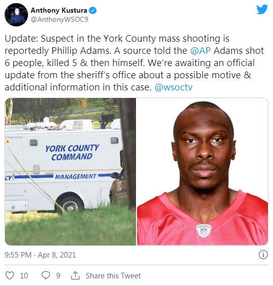 美國前美式足球 (NFL) 球員菲力浦·亞當斯 (Phillip Adams) 涉嫌在南卡羅萊納州槍殺5人後自盡。   圖 : 翻攝自Antony Kustura 推特