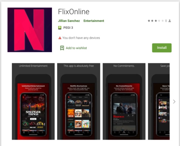 FlixOnline仿冒Netflix，試圖以「免費使用兩個月」吸引用戶下載。   圖：翻攝自Check Point Research