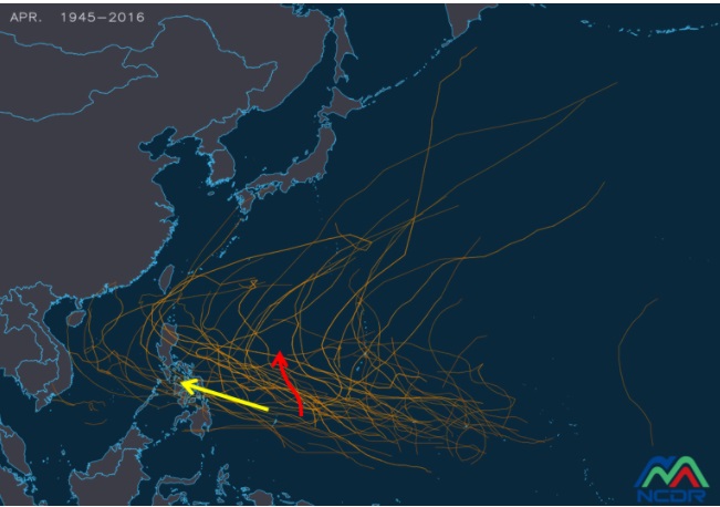 氣象專家吳德榮在「三立準氣象· 老大洩天機」專欄表示，根據8日20時模式10天的模擬路徑顯示，美國(GFS)模擬在帛琉東側北上(紅線)，歐洲(ECMWF)則是模擬抵達菲律賓中部(黃線)。歷史上「4月颱」路徑(細橙線)顯示，大致呈現3種類型的路徑，第1類在台灣東側已經迴轉，第2類穿過菲律賓繼續西進，第3類穿過菲律賓再迴轉。(圖擷自NCDR)   圖/翻攝自「三立準氣象· 老大洩天機」