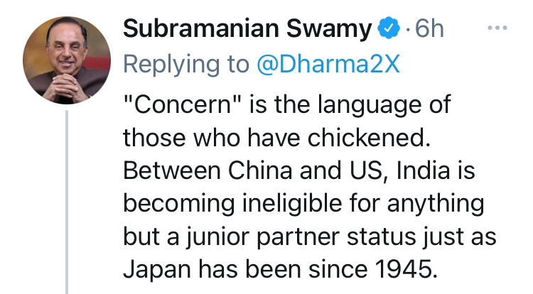 印度人民黨議員斯瓦米也對此發表了評論，認為膽怯的人才會用「關切」這種語言。   圖 : 翻攝自推特