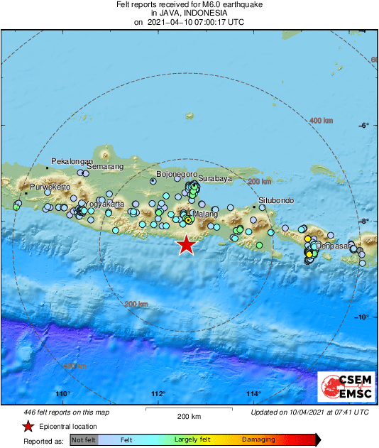 印尼爪哇島外海今(10)日下午2時發生規模6.0地震   圖：翻攝自「歐洲-地中海地震中心」（EMSC-CSEM）推特