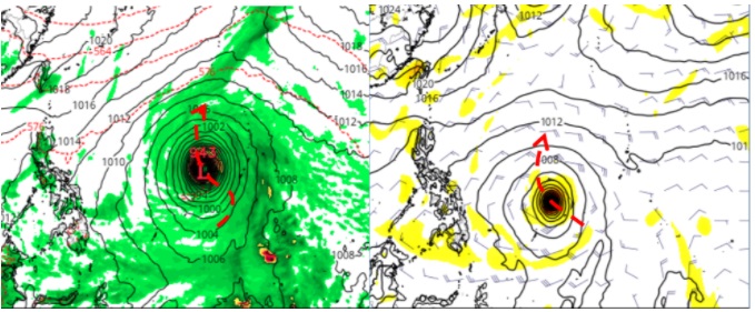 最新(10日20時)美國模式(GFS)模擬是「大型」颱風，3、4天後在關島西方海面緩慢向北迴轉(左圖)。歐洲(ECMWF)模式模擬則是「普通大小」的颱風，其5天後在菲律賓東方、帛琉北方海面逐漸向北迴轉(右圖)。   圖/「三立準氣象· 老大洩天機」擷自Tropical tidbits
