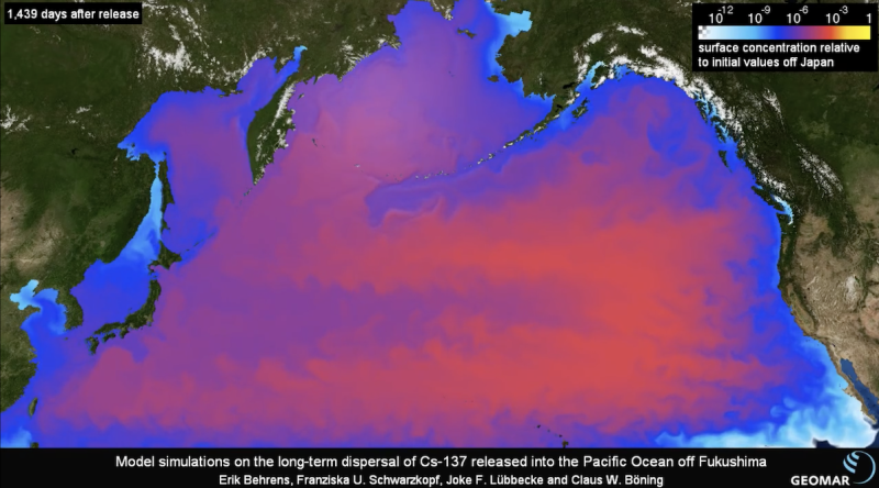 德國研究機構「基爾亥姆霍茲海洋研究中心」（GEOMAR）2012年研究指出，核廢水自排放後57日內將擴散至太平洋部分區域。   圖：翻攝自Youtube