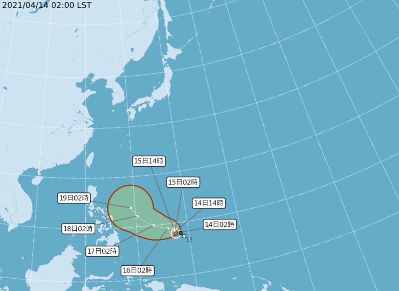 氣象預報顯示，颱風「舒力基」14日凌晨還在鵝鑾鼻東南方近2400公里海面上，向北北西轉北北東緩慢進行，對台灣可能沒有直接影響。   圖：中央氣象局/提供