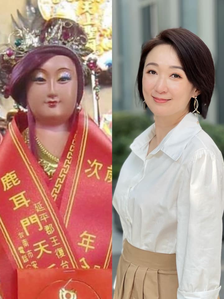 美女主播李美萱昨在臉書貼上和這張媽祖神像的對比照，並表示，有網友發現她和這個媽祖神像「撞臉」。   圖：翻攝自李美萱臉書