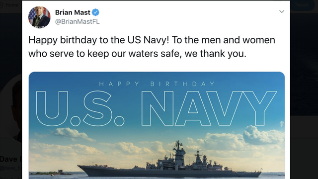 國會議員布萊恩·馬斯特之前在推特上祝美國海軍生日快樂，卻配上了俄羅斯彼得大帝號巡洋艦的照片。   圖 : 翻攝自推特