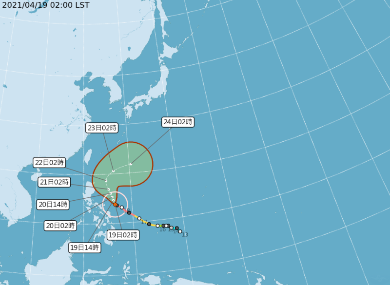 「舒力基」颱風雖然持續向西北西前進，但預測週四（22日）後就會在菲律賓呂宋島附近轉彎轉向，對台灣沒有直接影響。   圖：中央氣象局/提供
