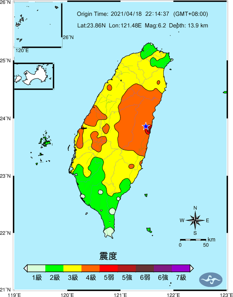 昨天花蓮連2起有感地震。   圖：取自中央氣象局網站