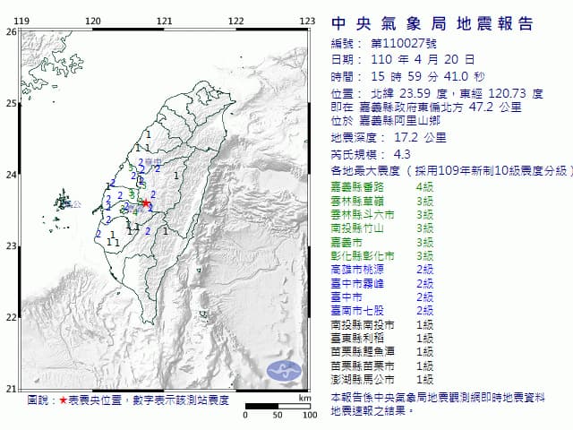 嘉義縣今日下午15點59分發生有感地震。   圖：中央氣象局／提供
