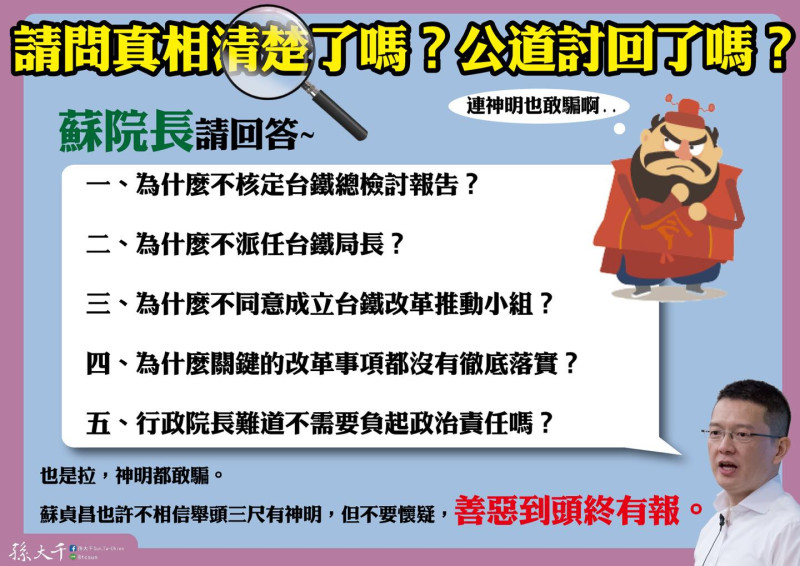 前立委孫大千要求行政院長蘇貞昌回答5大問題。   圖：翻攝自孫大千臉書