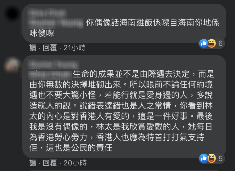 愛港網友表示，林鄭是他最欣賞愛戴的人，每日為香港勞心勞力，為特首打氣加油是公民的責任。   圖：翻攝自林鄭月娥臉書
