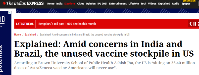《印度快報》今日報導，美國儲存了3500萬到4000萬劑永遠不會被使用的阿斯特捷利康(AstraZeneca)新冠疫苗。   圖：翻攝自印度快報官網