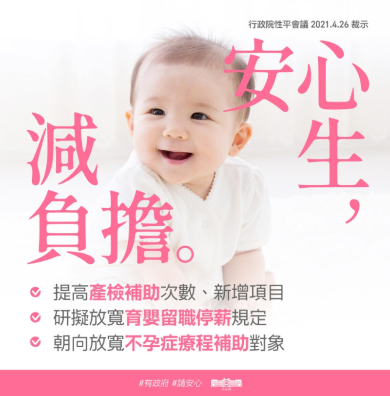 行政院長蘇貞昌在臉書發文，指出政府為了提高生育率的「減負擔」政策。   圖 : 翻攝自蘇貞昌臉書