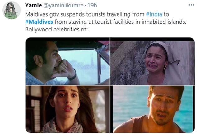 印度網民作梗圖，諷刺逃到馬爾地夫的寶萊塢大明星們聽到要被驅逐出境後的表情。   圖 : 翻攝自推特