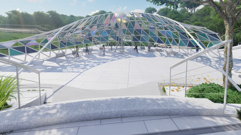 「牽罟漁網」主視覺意象為一巨型不鏽鋼骨架搭配炫彩玻璃組合而成。   圖：新北工務局／提供