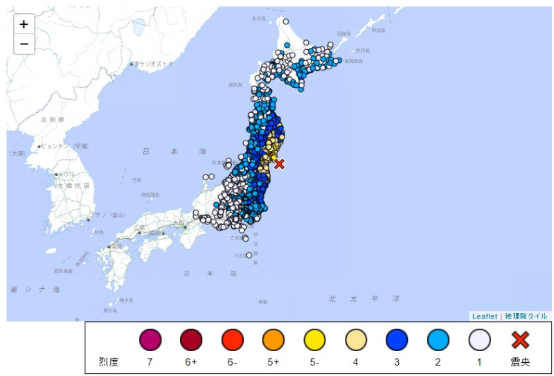 日本宮城縣外海上午發生規模6.6地震。   圖/日本氣象廳
