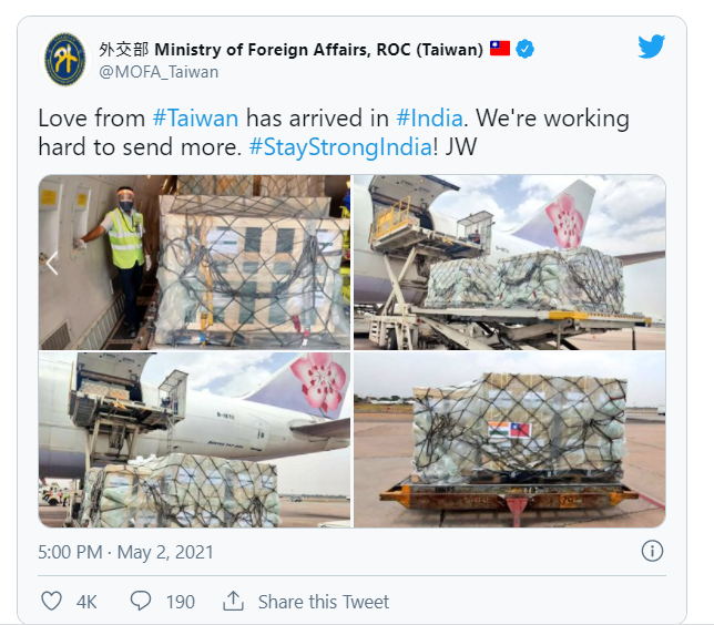 外交部表示：「來自台灣的愛已經來到印度，我們正在想辦法給予更多幫助」。   圖：翻攝外交部推特